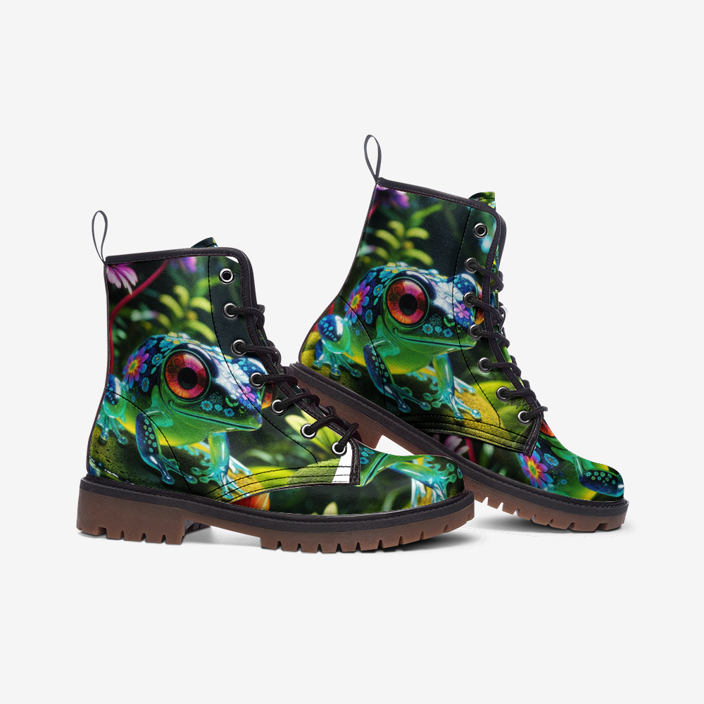 Emerald Blossoms - Cute Green Frog, Tropical Forest Creature Casual Leather Lightweight Boots For Hippies