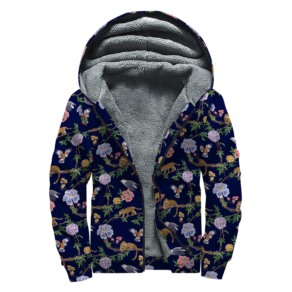 Eagle and Jaguar Pattern Print Sherpa Lined Zip Up Hoodie: Embrace Your Inner Hippie Style - 1