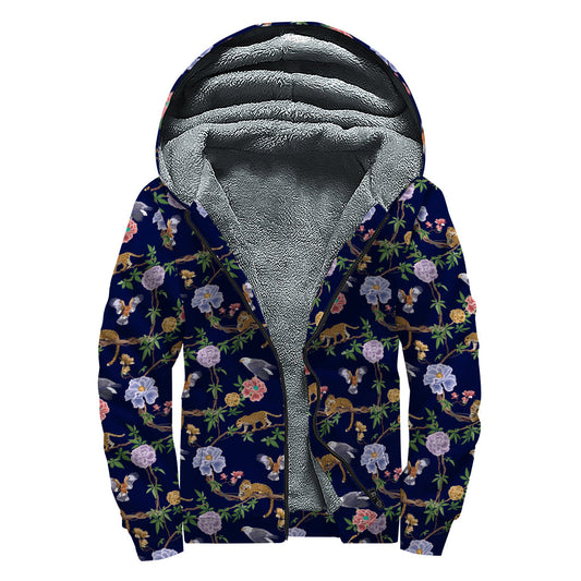 Eagle and Jaguar Pattern Print Sherpa Lined Zip Up Hoodie: Embrace Your Inner Hippie Style - 1