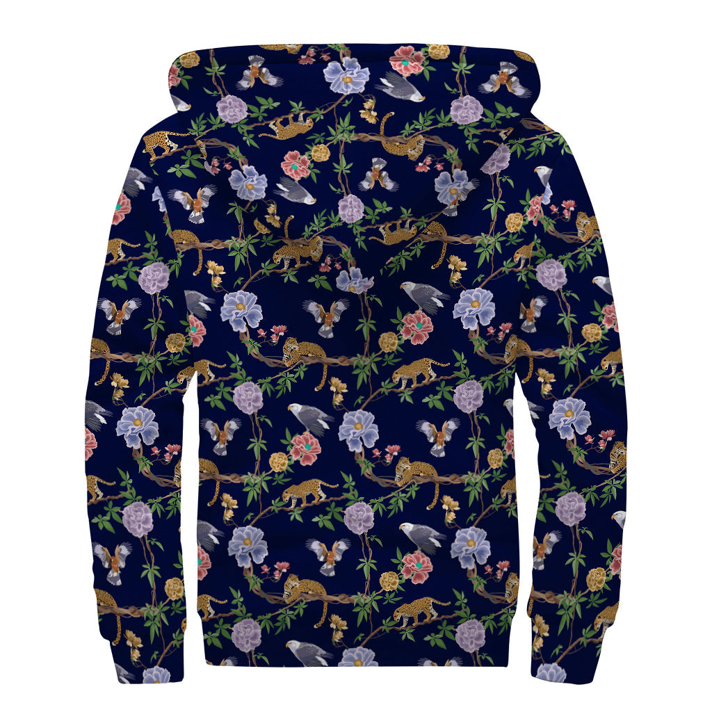 Eagle and Jaguar Pattern Print Sherpa Lined Zip Up Hoodie: Embrace Your Inner Hippie Style - 2