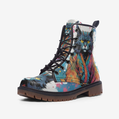 Emerald Blossoms - Japanese Cat on Leather Lightweight Boots for Hippies