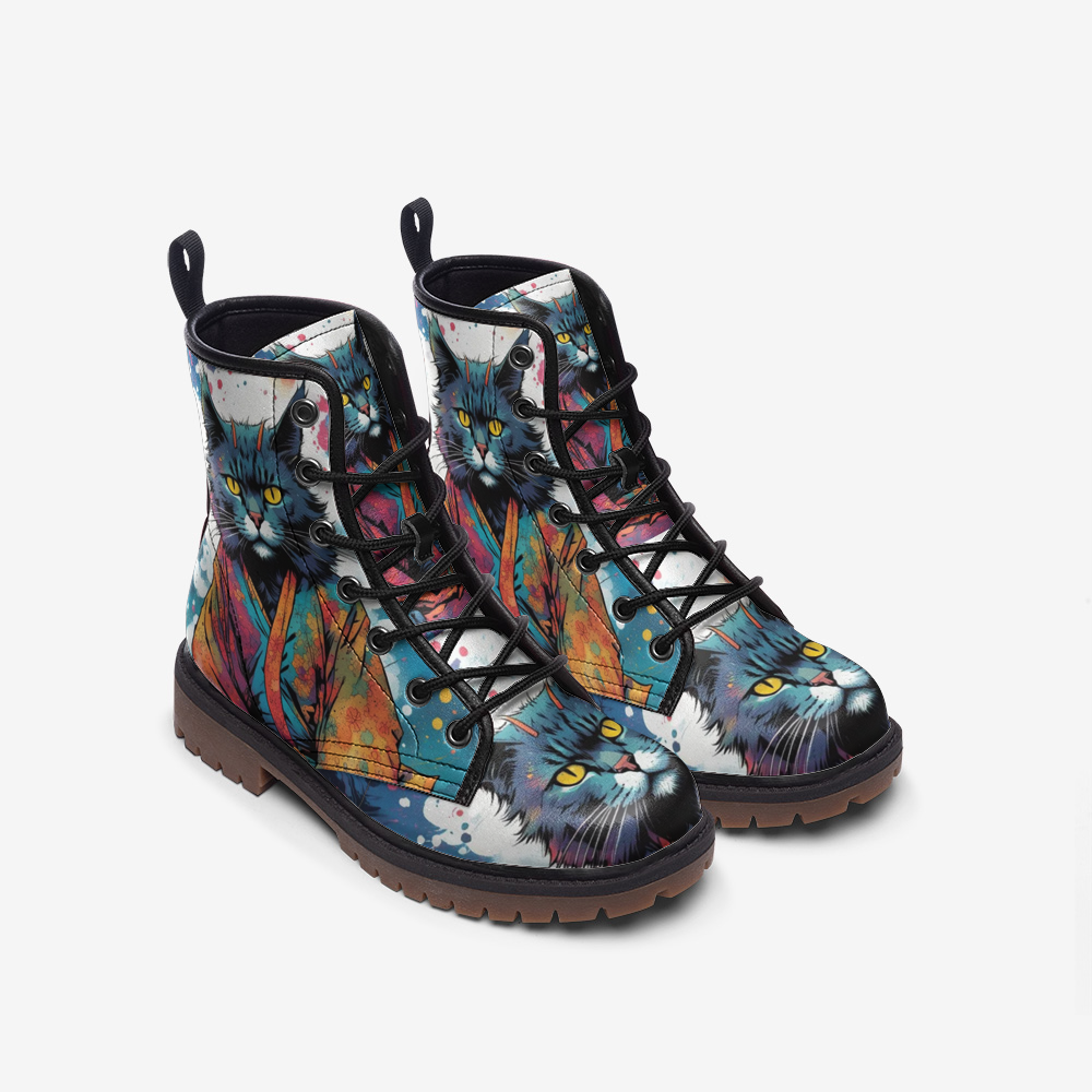 Emerald Blossoms - Japanese Cat on Leather Lightweight Boots for Hippies