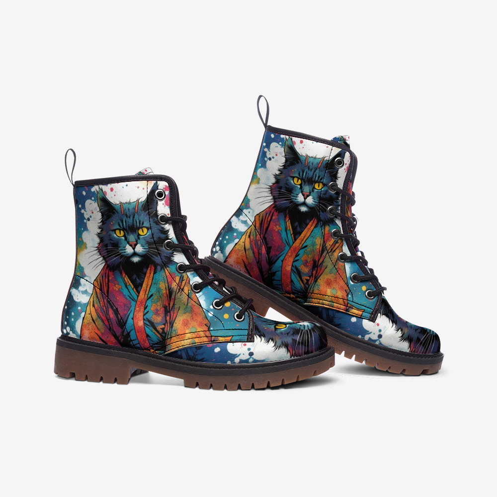 Emerald Blossoms - Japanese Cat on Leather Lightweight Boots for Hippies