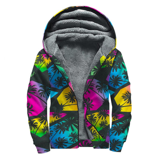 Groovy Palm Tree Print Sherpa Lined Zip Up Hoodie for Hipsters - 1