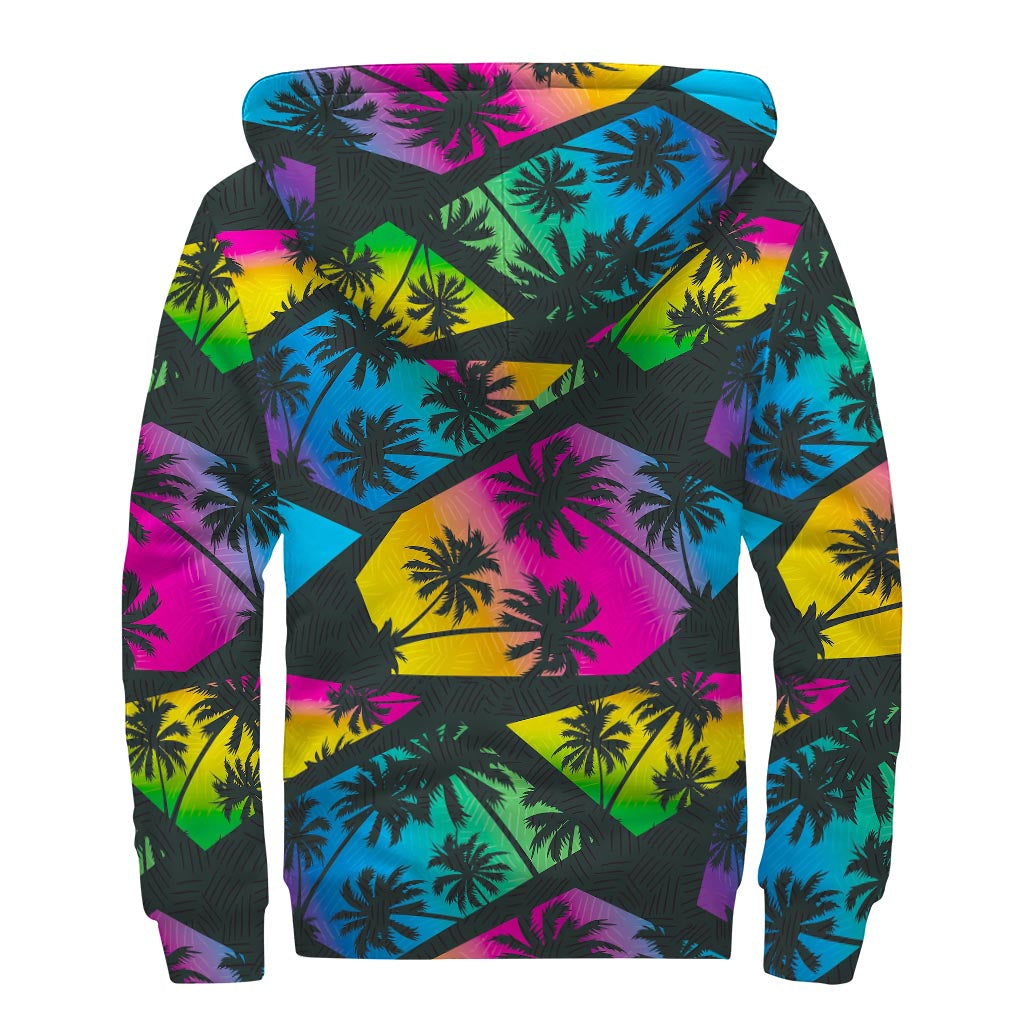 Groovy Palm Tree Print Sherpa Lined Zip Up Hoodie for Hipsters - 2