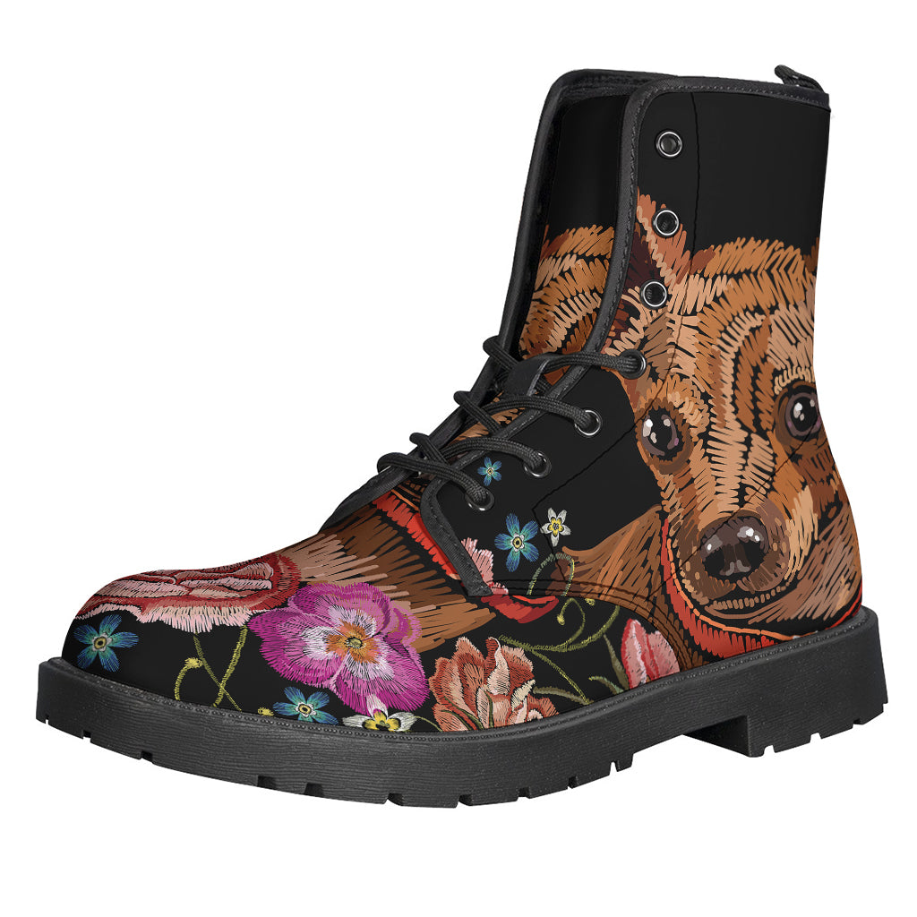 Step into Nature with Embroidered Chihuahua and Flower Leather Boots - 1