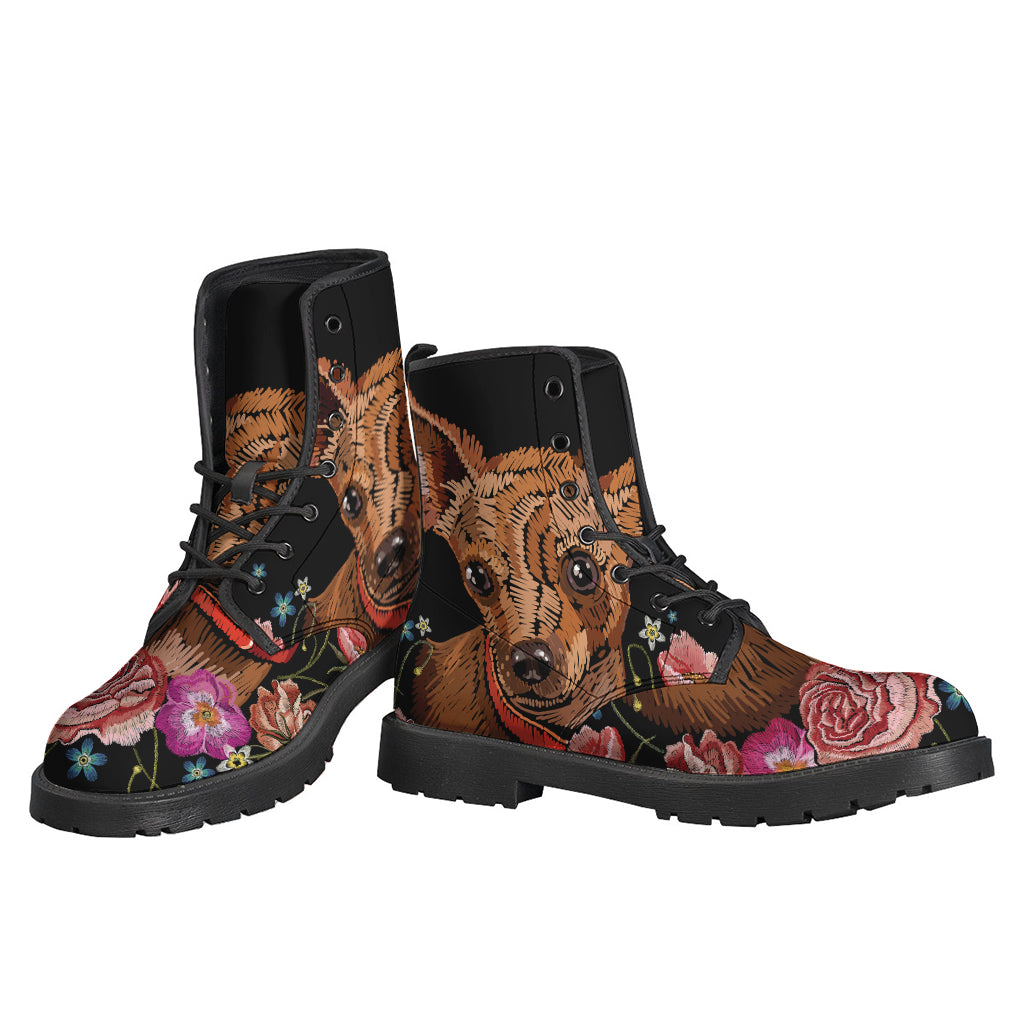 Step into Nature with Embroidered Chihuahua and Flower Leather Boots - 3