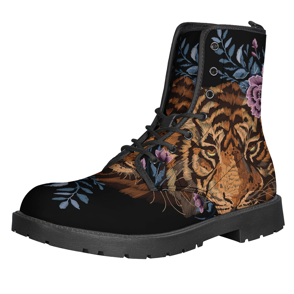 Boho Chic: Embroidered Tiger and Flower Print Leather Boots for Stylish Hippies - 1