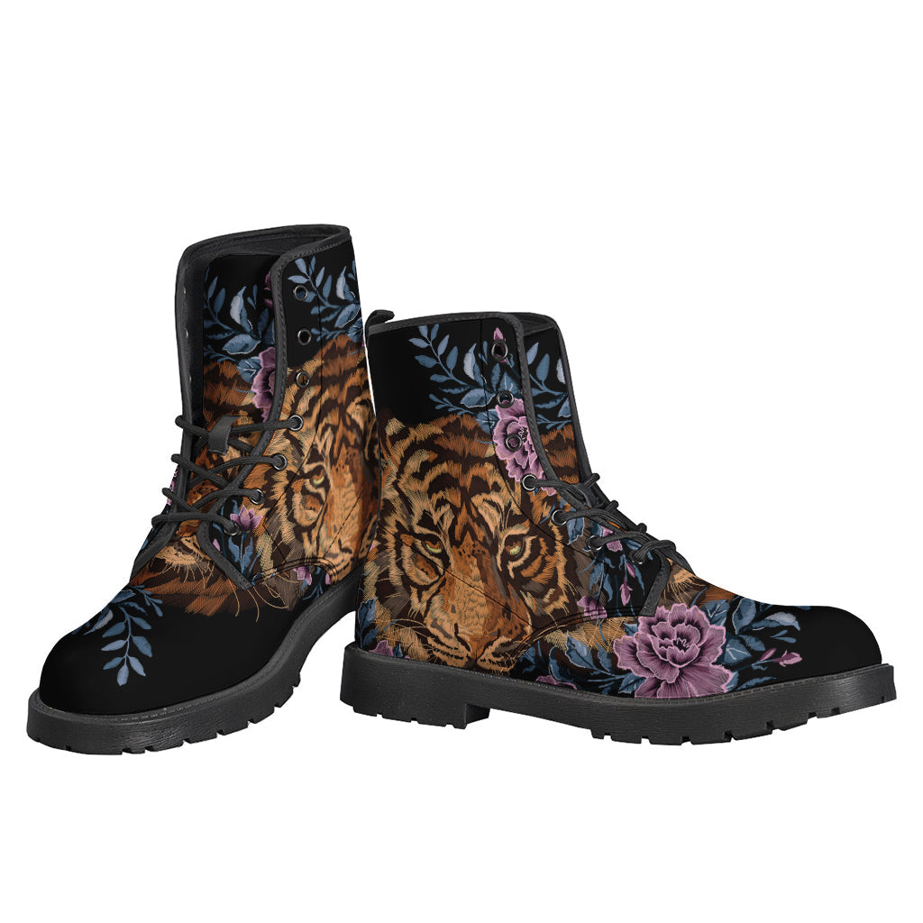 Boho Chic: Embroidered Tiger and Flower Print Leather Boots for Stylish Hippies - 3