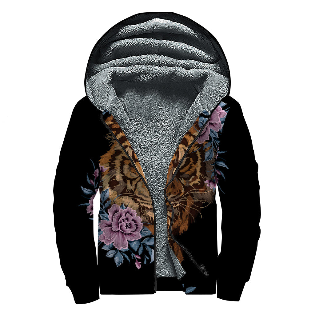 Embroidered Tiger and Flower Print Sherpa Lined Zip Up Hoodie - Embrace Your Inner Hippie Style! - 1