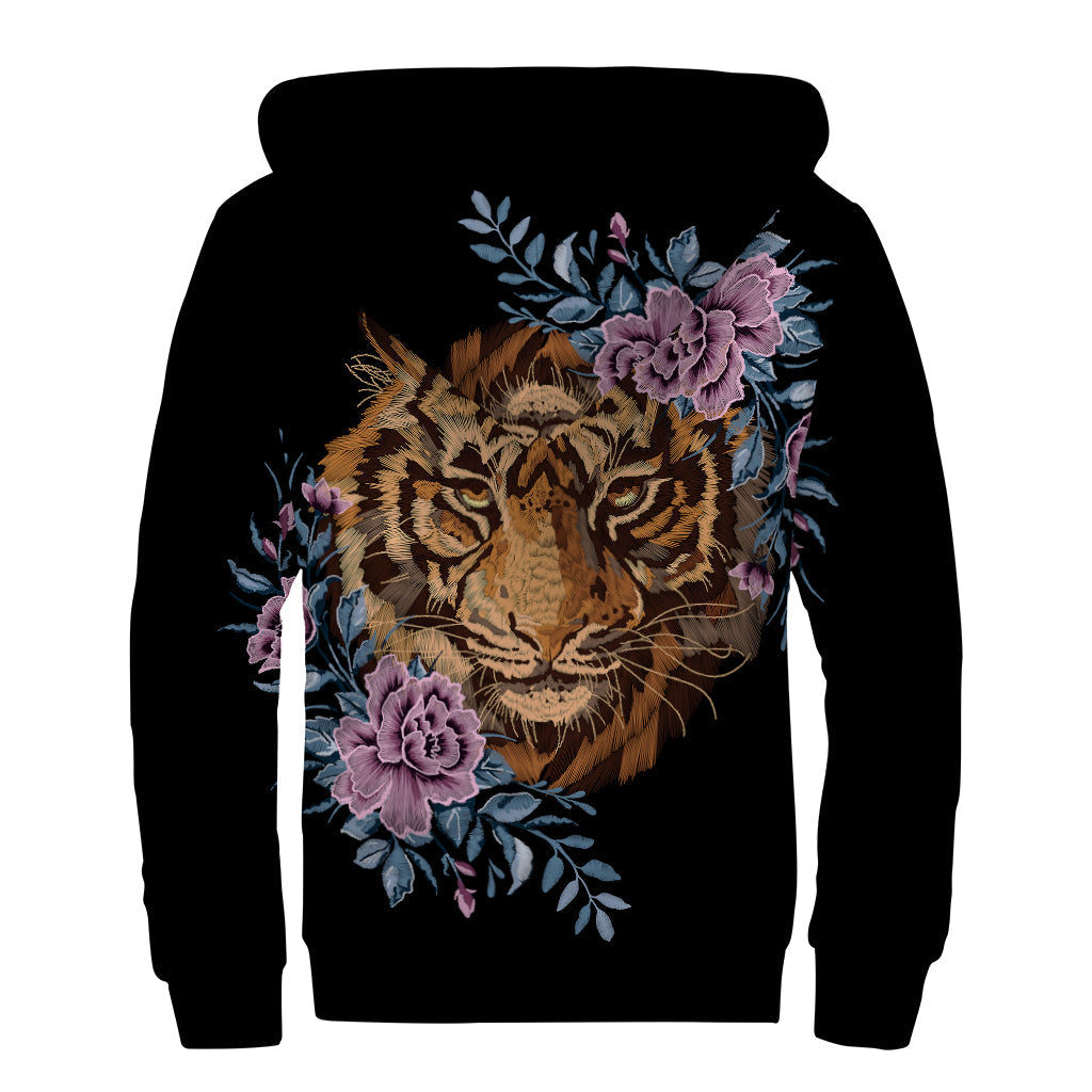 Embroidered Tiger and Flower Print Sherpa Lined Zip Up Hoodie - Embrace Your Inner Hippie Style! - 2