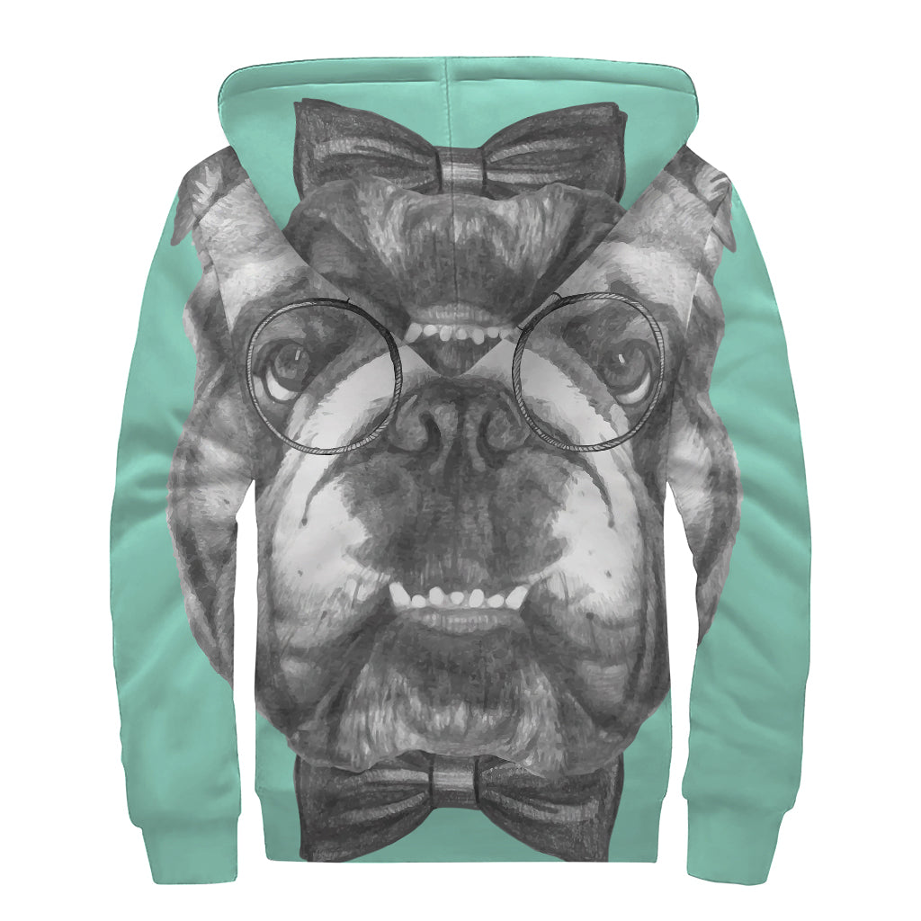 English Bulldog with Glasses Print Hippies Sherpa Lined Zip Up Hoodie - 2