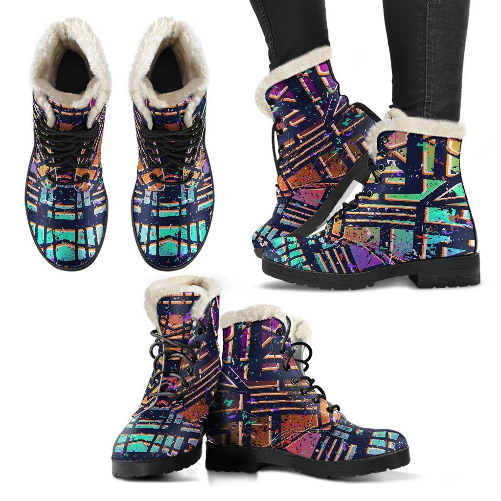 Get Groovy with our Ethnic Aztec Grunge Trippy Print Faux Fur Leather Boots! - 2