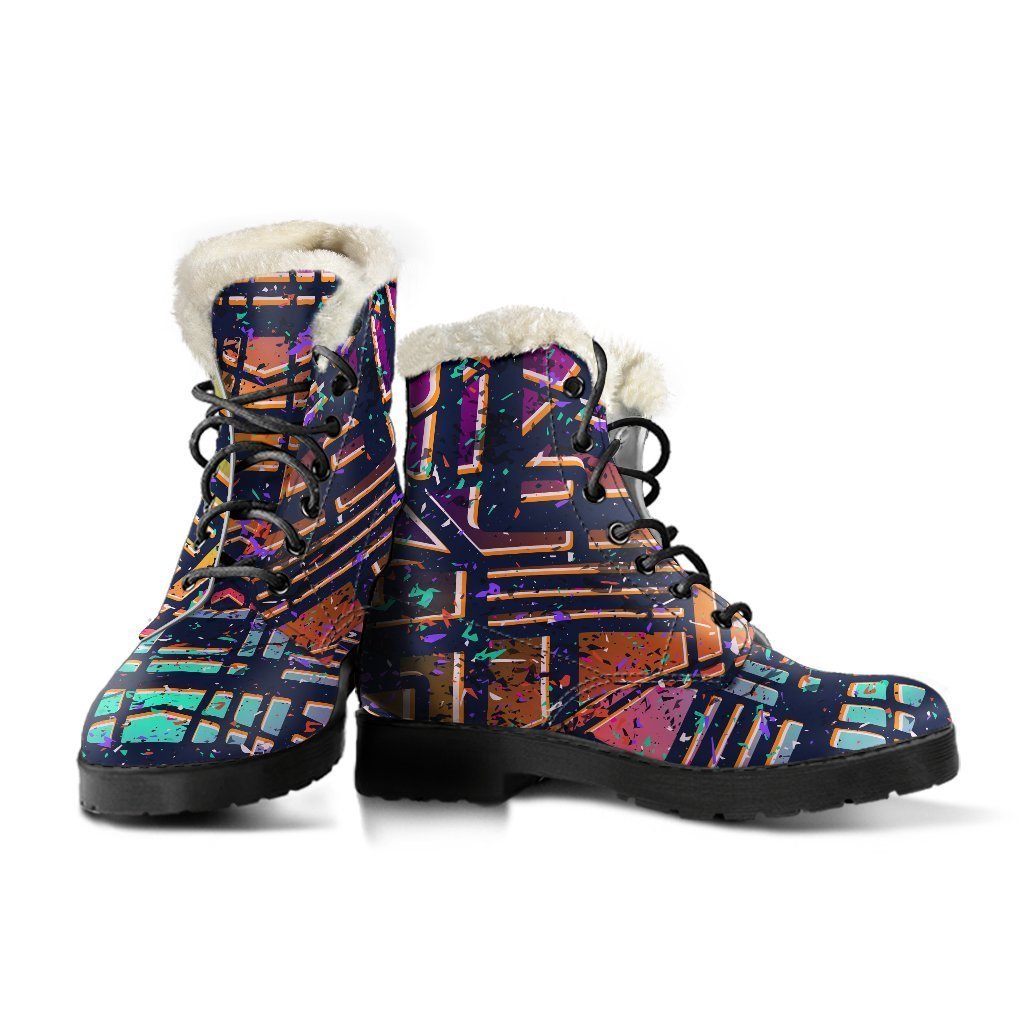 Get Groovy with our Ethnic Aztec Grunge Trippy Print Faux Fur Leather Boots! - 3