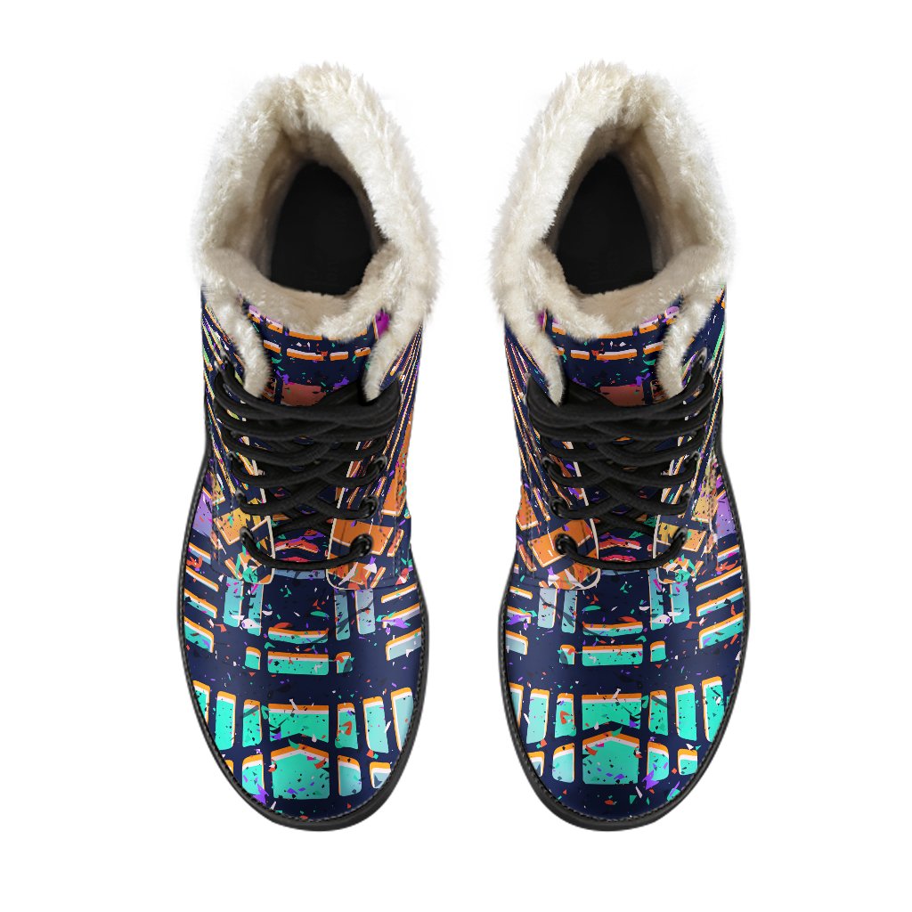 Get Groovy with our Ethnic Aztec Grunge Trippy Print Faux Fur Leather Boots! - 4