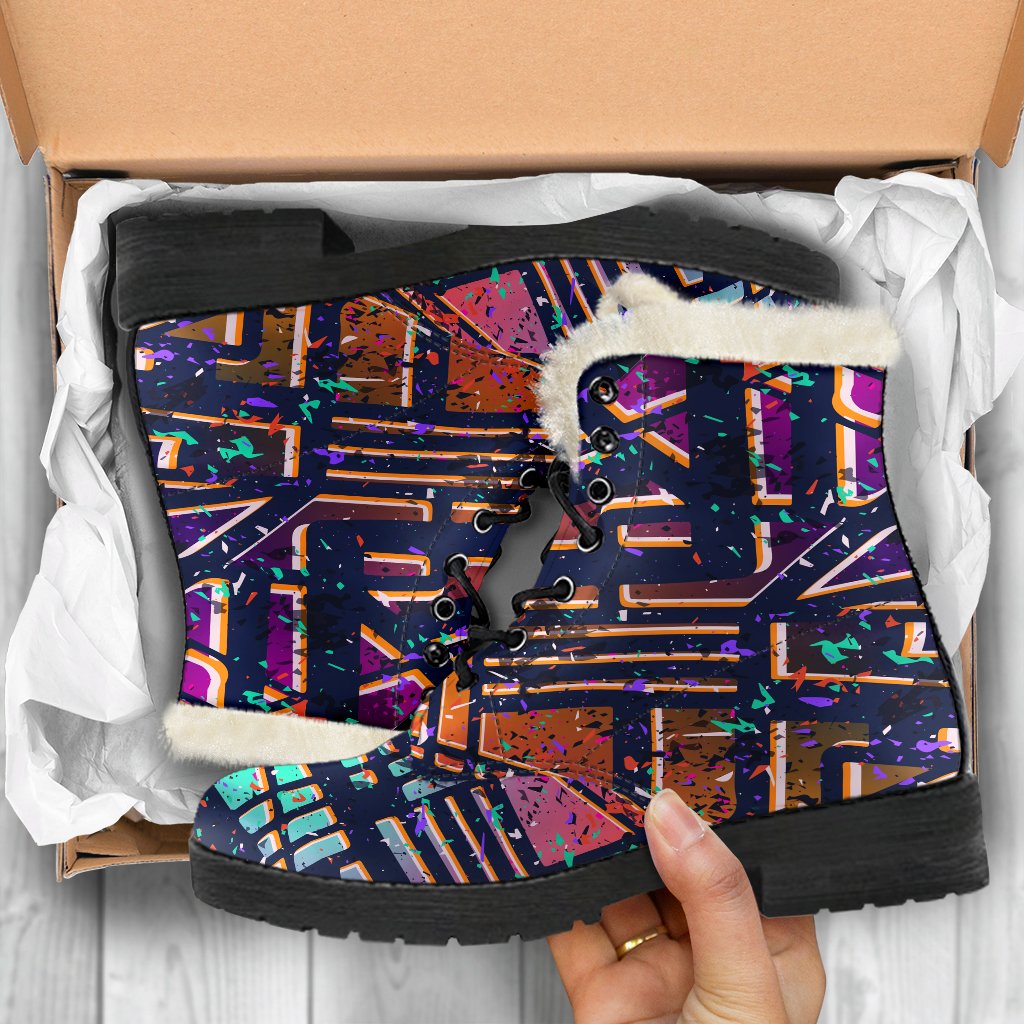 Get Groovy with our Ethnic Aztec Grunge Trippy Print Faux Fur Leather Boots! - 5