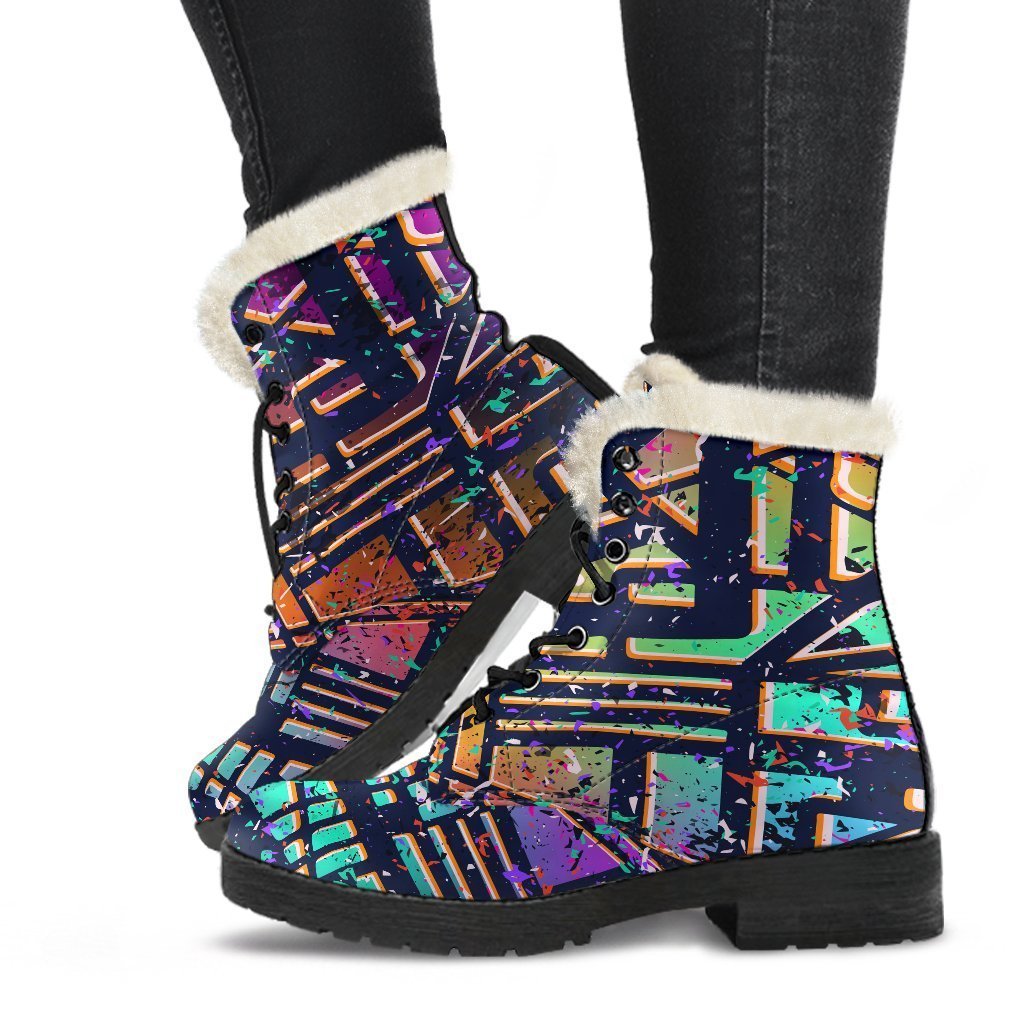 Get Groovy with our Ethnic Aztec Grunge Trippy Print Faux Fur Leather Boots! - 1