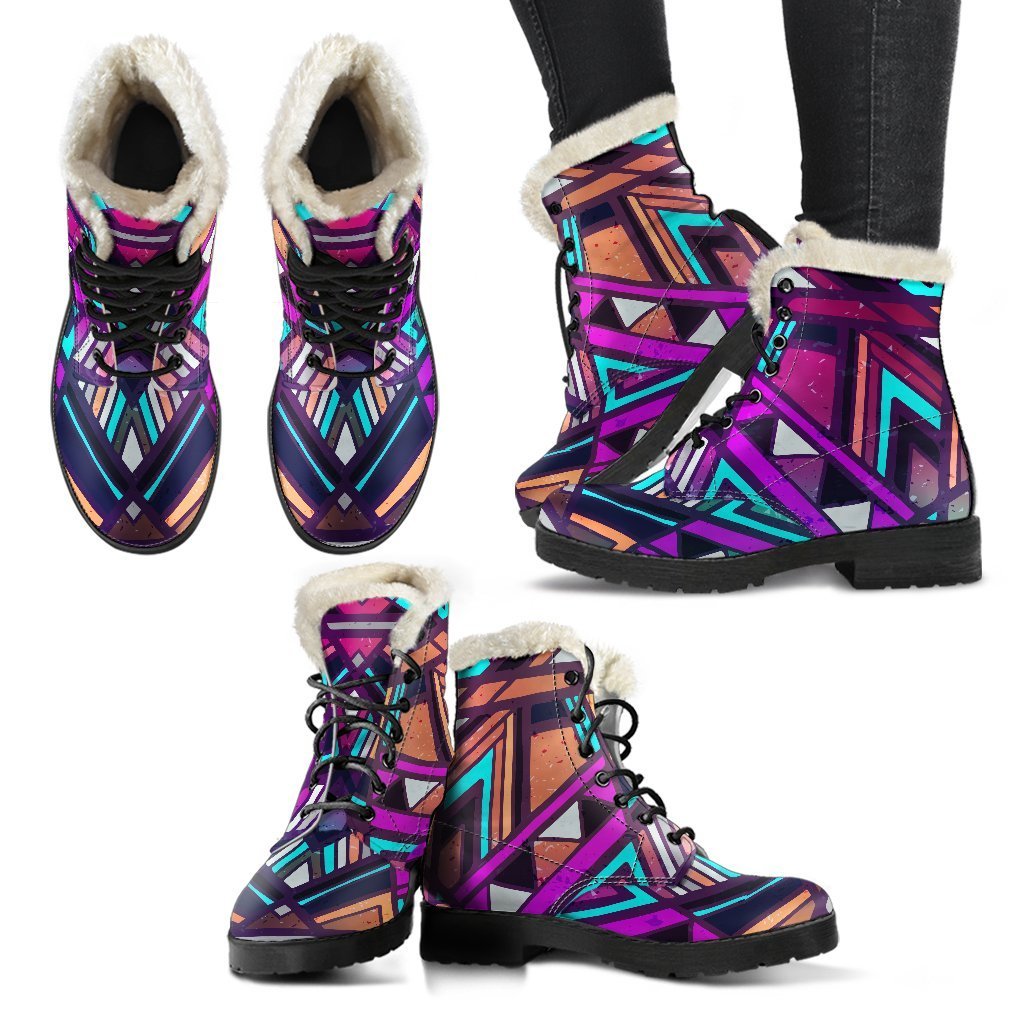 Ethnic Aztec Trippy Print Faux Fur Leather Boots for the Free-Spirited Hippies - 2