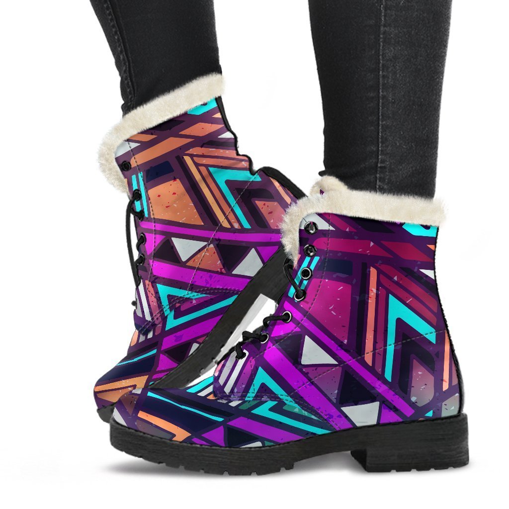 Ethnic Aztec Trippy Print Faux Fur Leather Boots for the Free-Spirited Hippies - 1