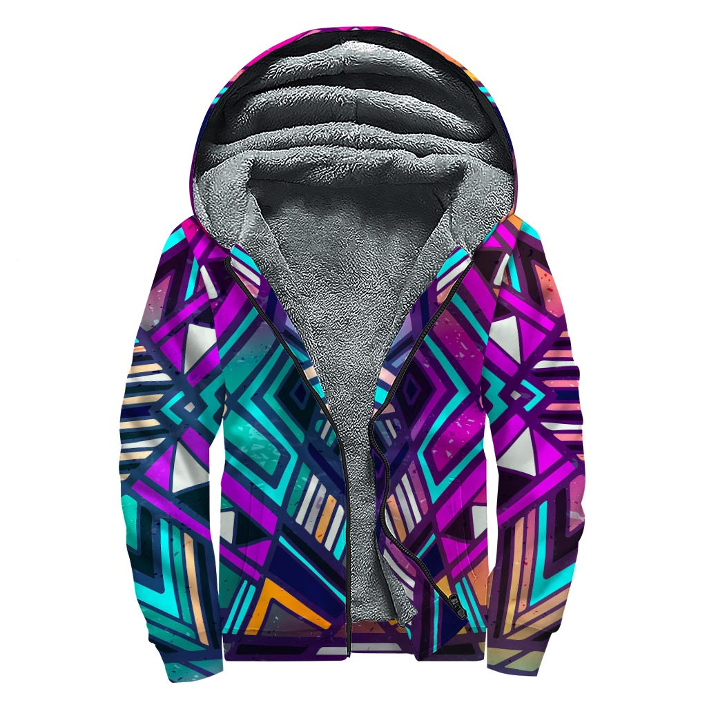 Groovy Vibes: Ethnic Aztec Trippy Print Sherpa Lined Zip Up Hoodie for Modern Hippies - 1