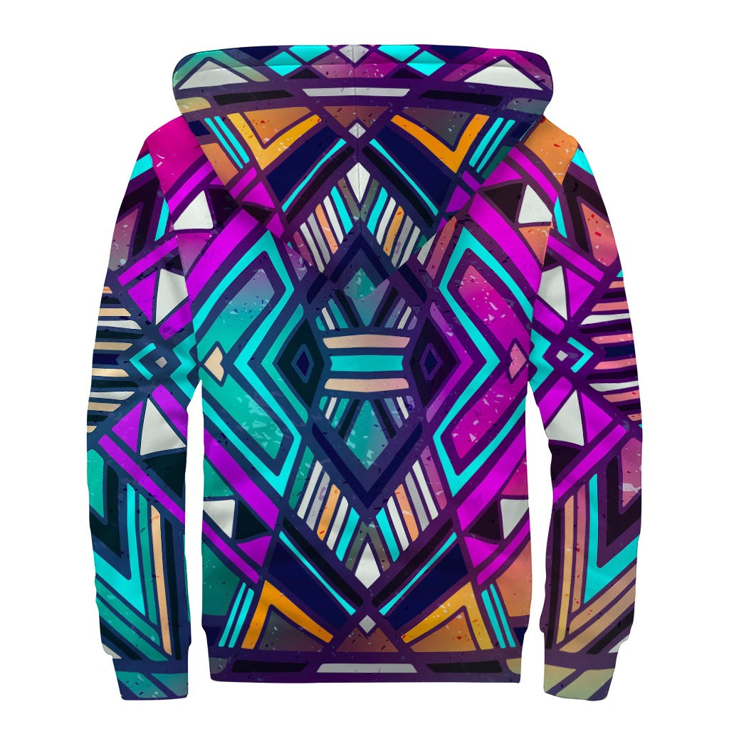 Groovy Vibes: Ethnic Aztec Trippy Print Sherpa Lined Zip Up Hoodie for Modern Hippies - 2