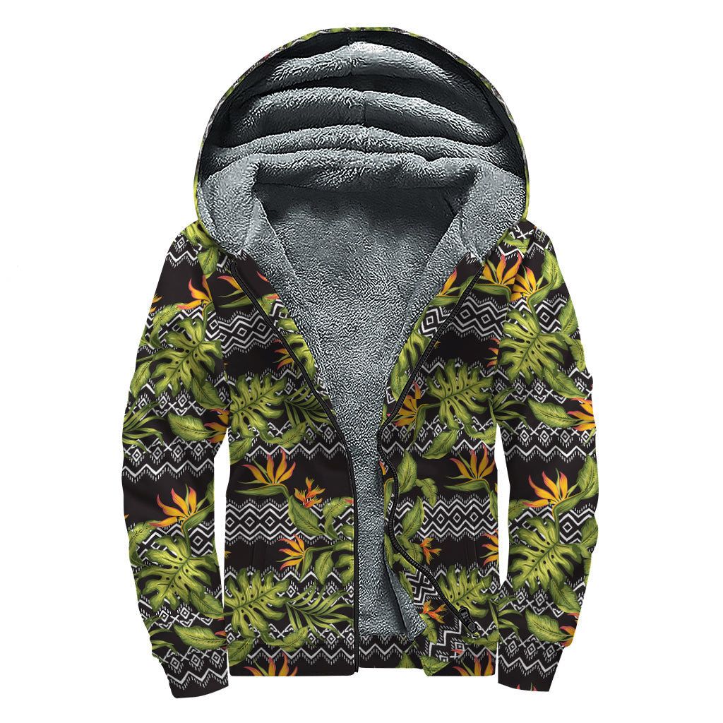 Ethnic Bird of Paradise Sherpa-Lined Zip Up Hoodie for Free-Spirited Hippies - 1