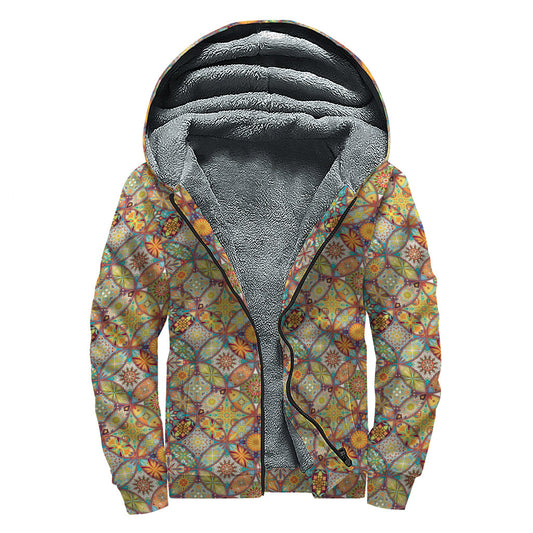 Ethnic Mandala Patchwork Pattern Print Sherpa-Lined Zip Up Hoodie for the Free-Spirited Hippie - 1