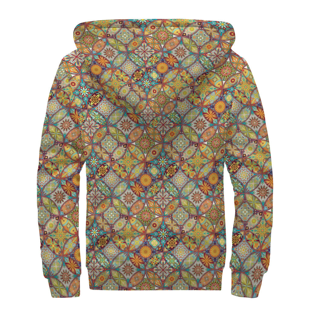 Ethnic Mandala Patchwork Pattern Print Sherpa-Lined Zip Up Hoodie for the Free-Spirited Hippie - 2