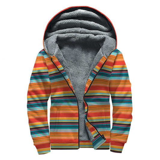 Groovy Vibes: Ethic Mexican Blanket Pattern Print Sherpa Lined Zip Up Hoodie - 1