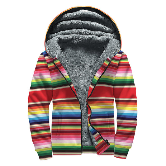 Boho Bliss: Cozy Sherpa-Lined Zip Up Hoodie with Ethnic Mexican Blanket Stripe Print - 1