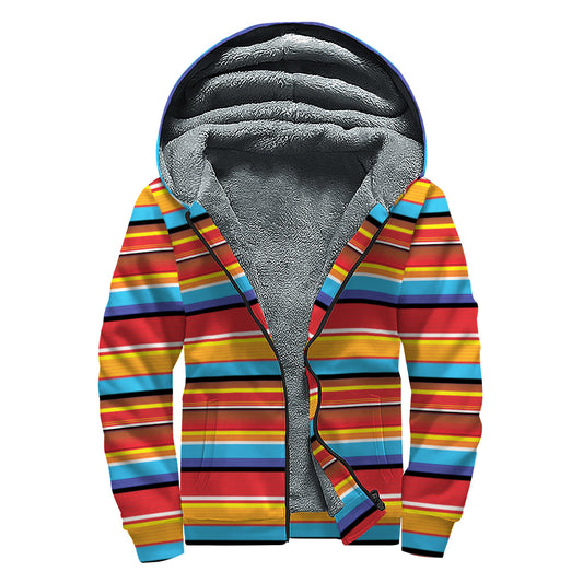 Bohemian Bliss: Sherpa Lined Zip Up Hoodie with Ethnic Mexican Woven Print - 1