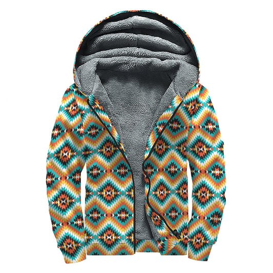 Boho Chic: Sherpa Lined Zip Up Hoodie with Ethnic Native American Pattern Print - 1