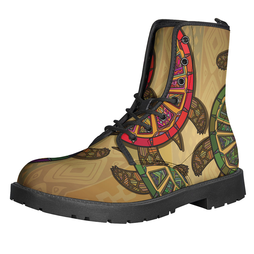 Ethnic Sea Turtles Print Leather Lightweight Boots for the Boho Chic Hippie - 1