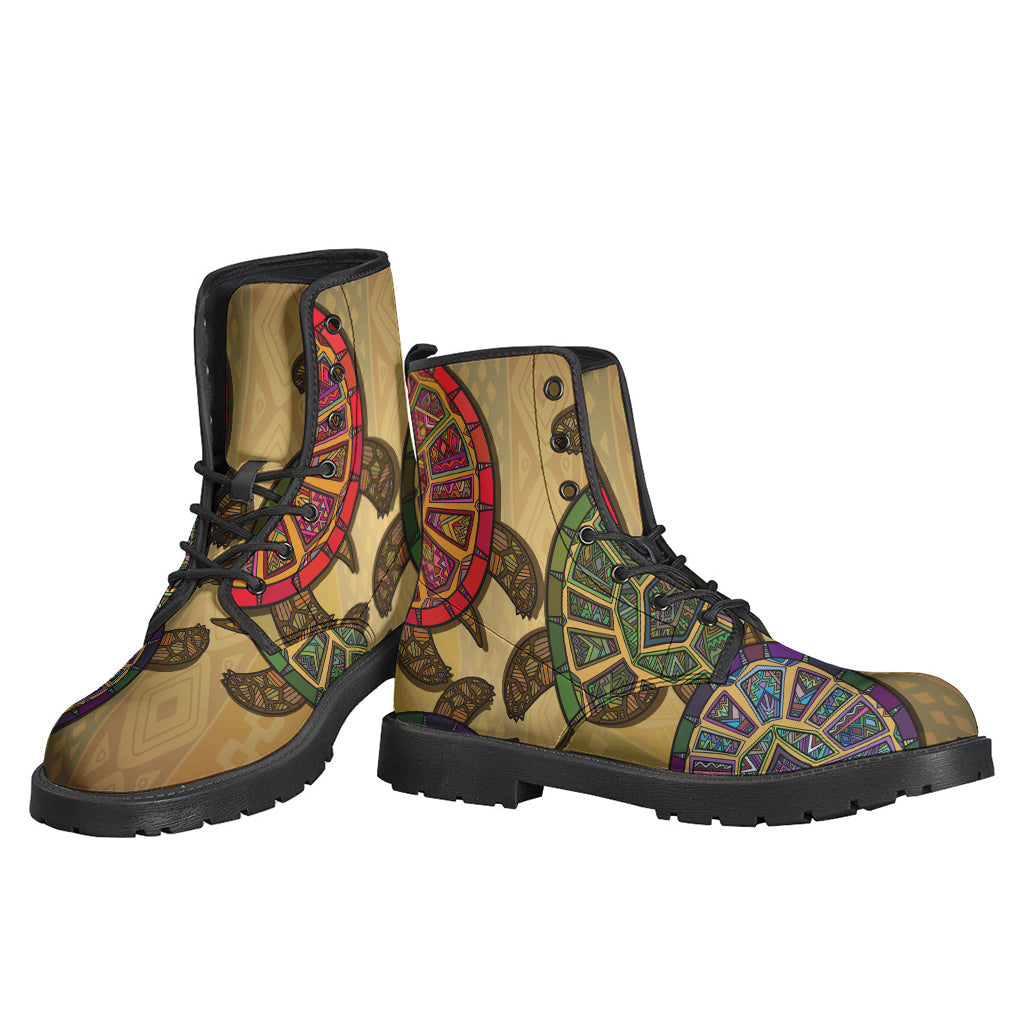 Ethnic Sea Turtles Print Leather Lightweight Boots for the Boho Chic Hippie - 3