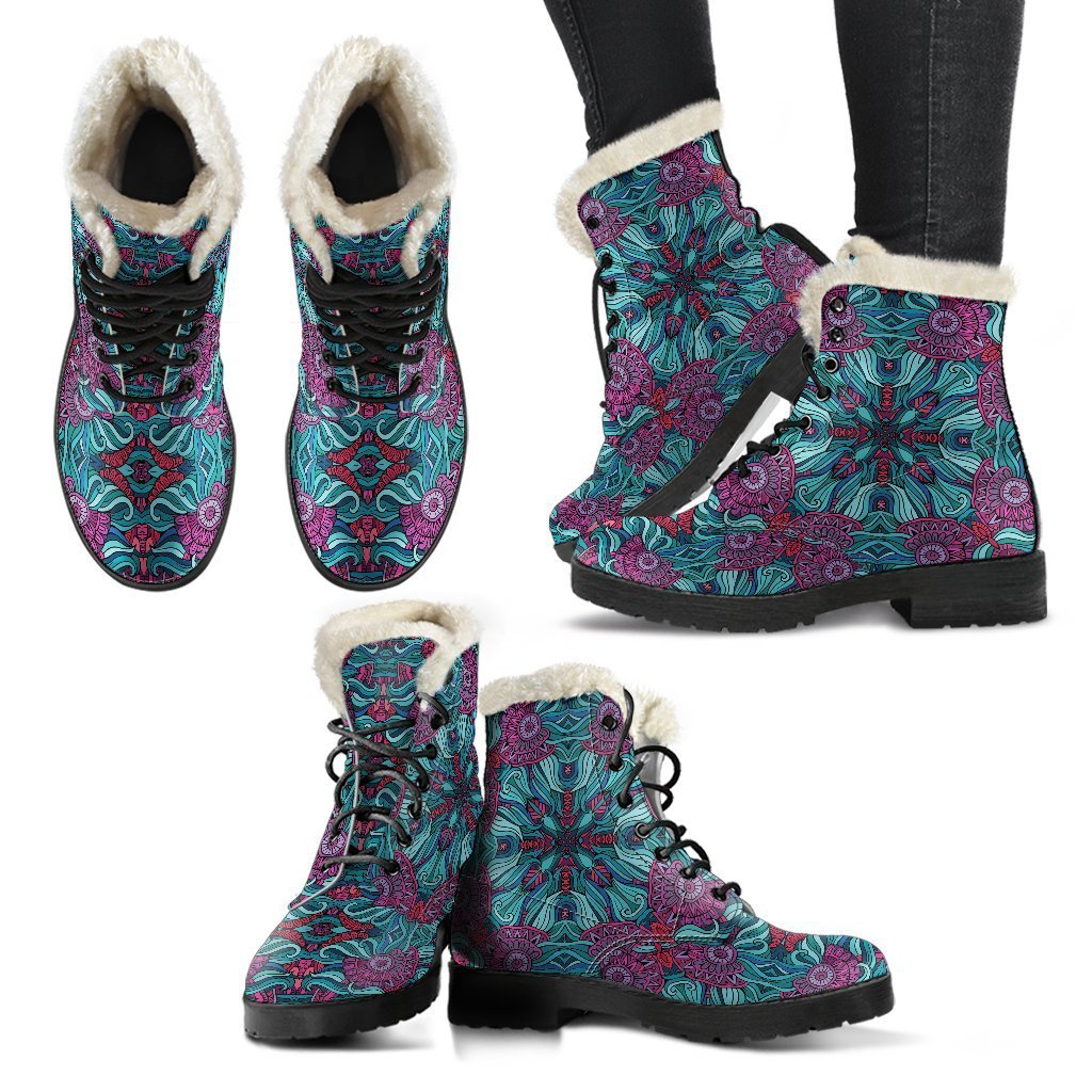 Ethnic Teal Bohemian Pattern Faux Fur Leather Boots: A Hippie's Dream Footwear - 2