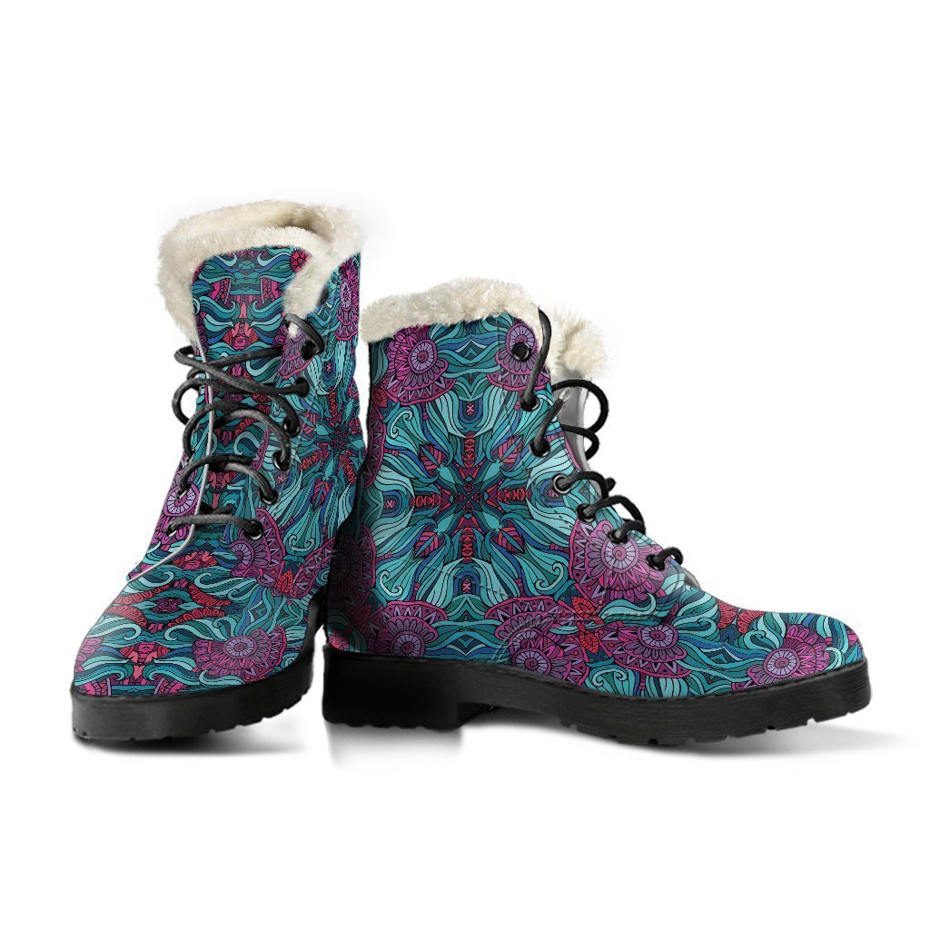 Ethnic Teal Bohemian Pattern Faux Fur Leather Boots: A Hippie's Dream Footwear - 3