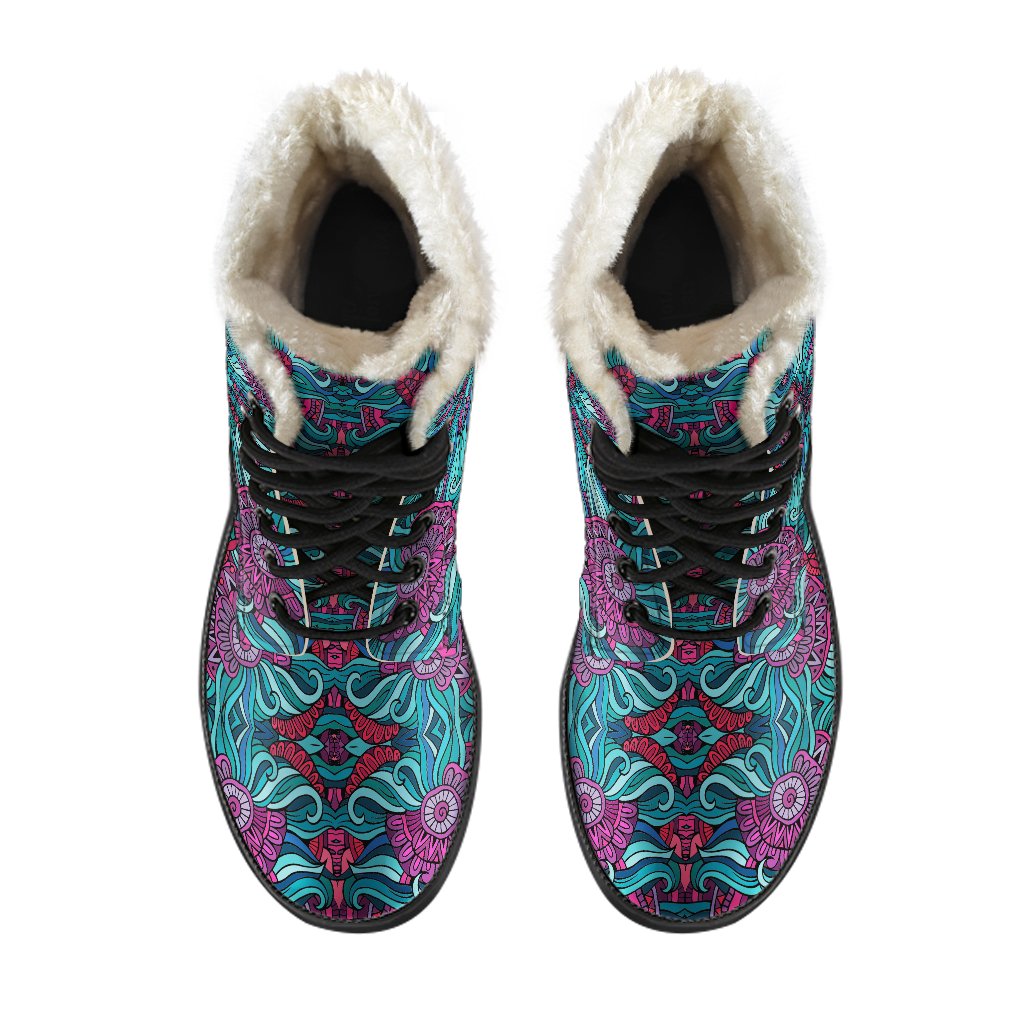 Ethnic Teal Bohemian Pattern Faux Fur Leather Boots: A Hippie's Dream Footwear - 4