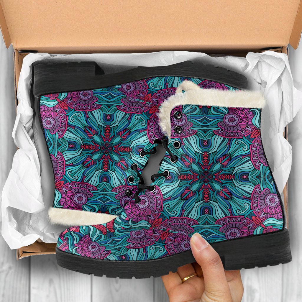 Ethnic Teal Bohemian Pattern Faux Fur Leather Boots: A Hippie's Dream Footwear - 5