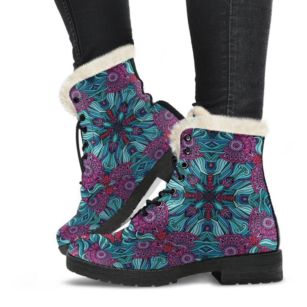 Ethnic Teal Bohemian Pattern Faux Fur Leather Boots: A Hippie's Dream Footwear - 1