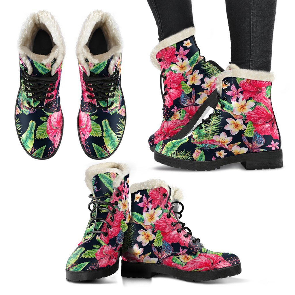 Step Out in Bohemian Beauty: Exotic Hibiscus Flowers Pattern Faux Fur Leather Boots - 2