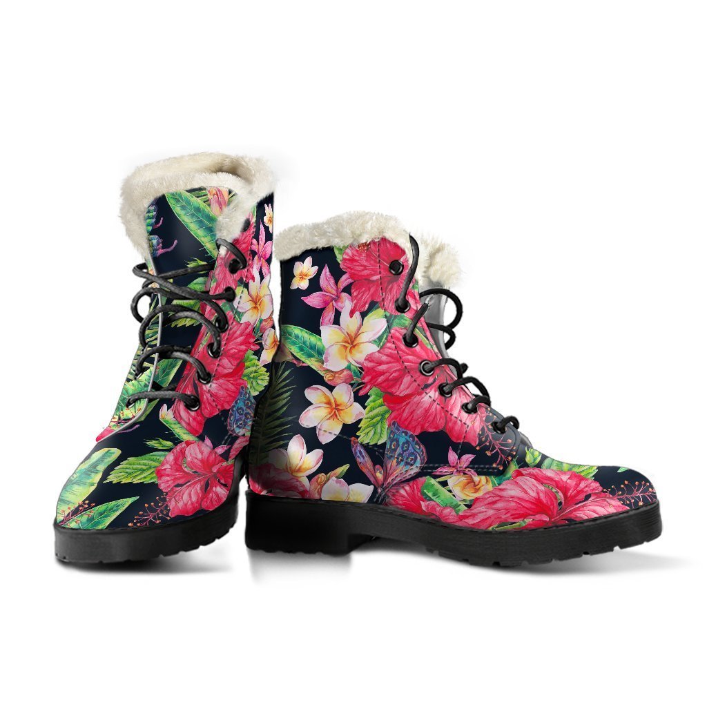 Step Out in Bohemian Beauty: Exotic Hibiscus Flowers Pattern Faux Fur Leather Boots - 3