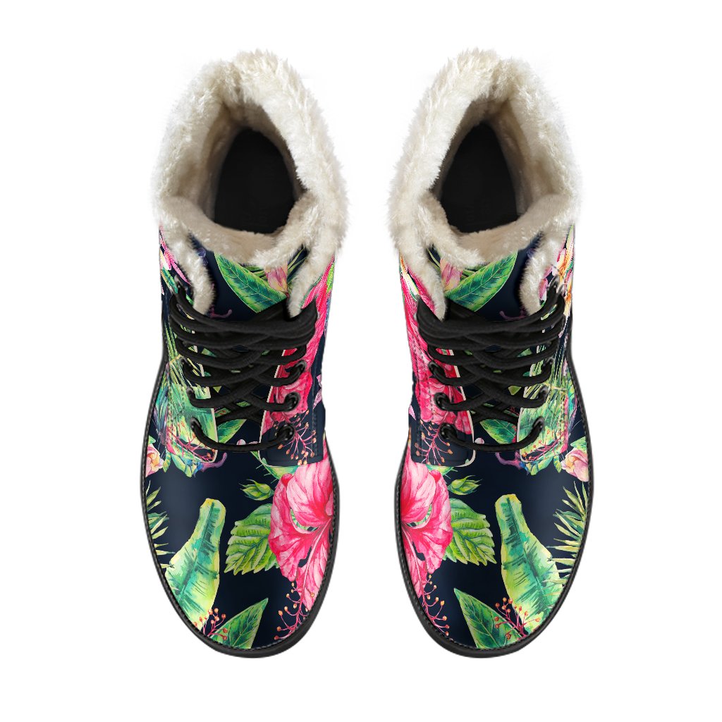 Step Out in Bohemian Beauty: Exotic Hibiscus Flowers Pattern Faux Fur Leather Boots - 4