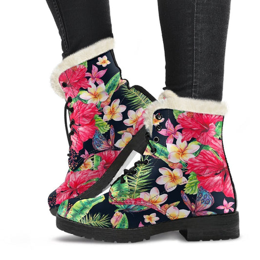 Step Out in Bohemian Beauty: Exotic Hibiscus Flowers Pattern Faux Fur Leather Boots - 1