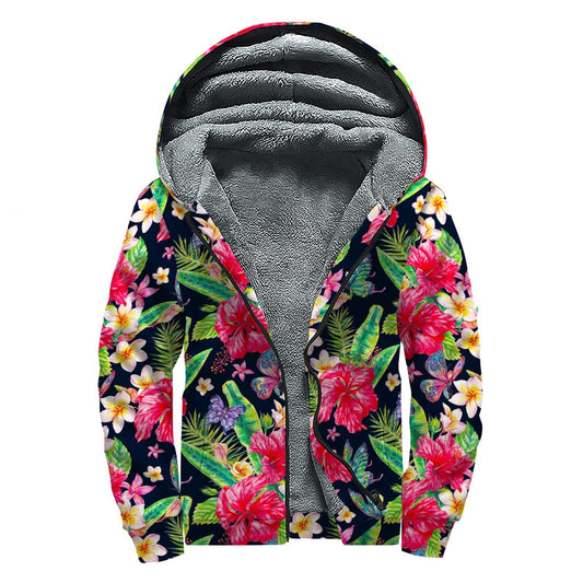 Exotic Hibiscus Flowers Pattern Print Sherpa Lined Zip Up Hoodie for Boho Babes - 1