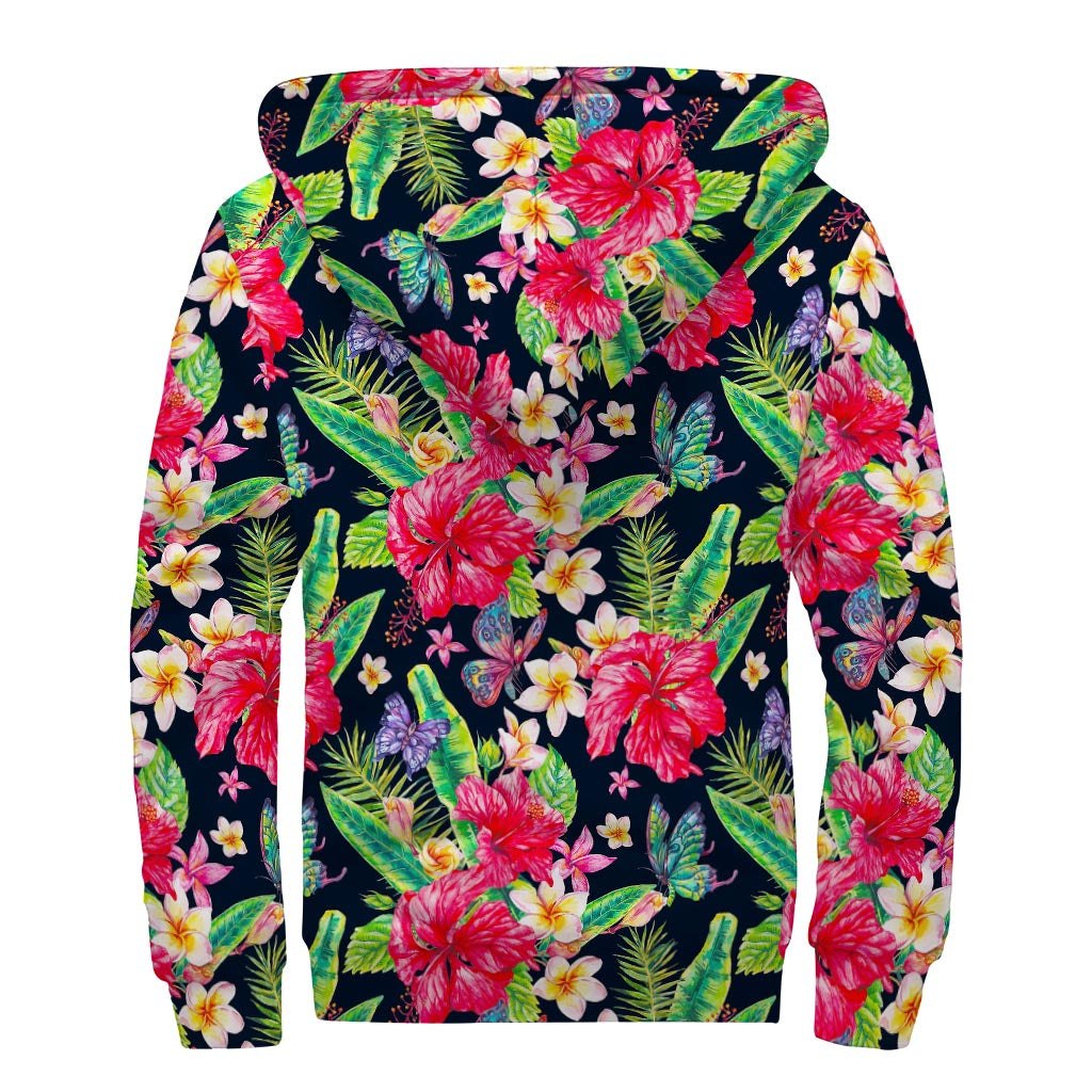 Exotic Hibiscus Flowers Pattern Print Sherpa Lined Zip Up Hoodie for Boho Babes - 2