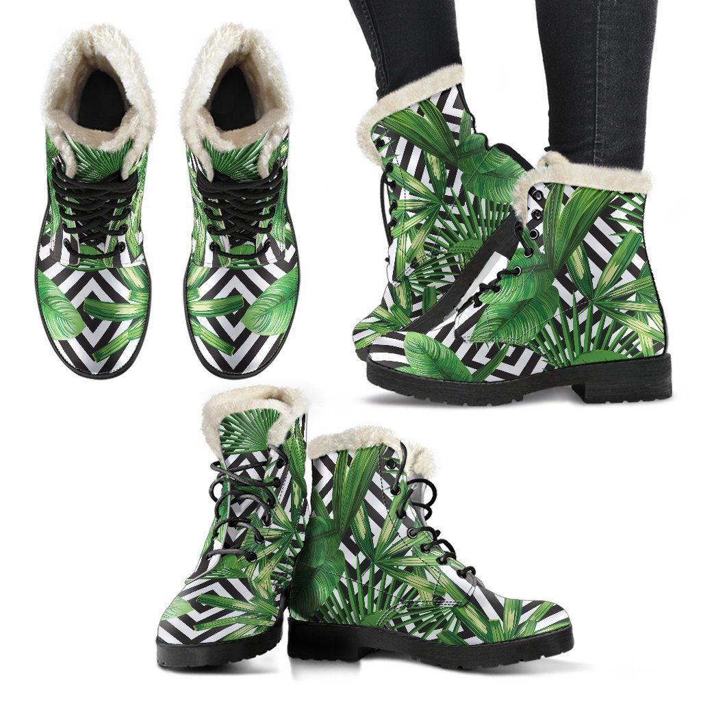 Groovy Vibes: Exotic Tropical Leaves Faux Fur Leather Boots for Hippies - 2