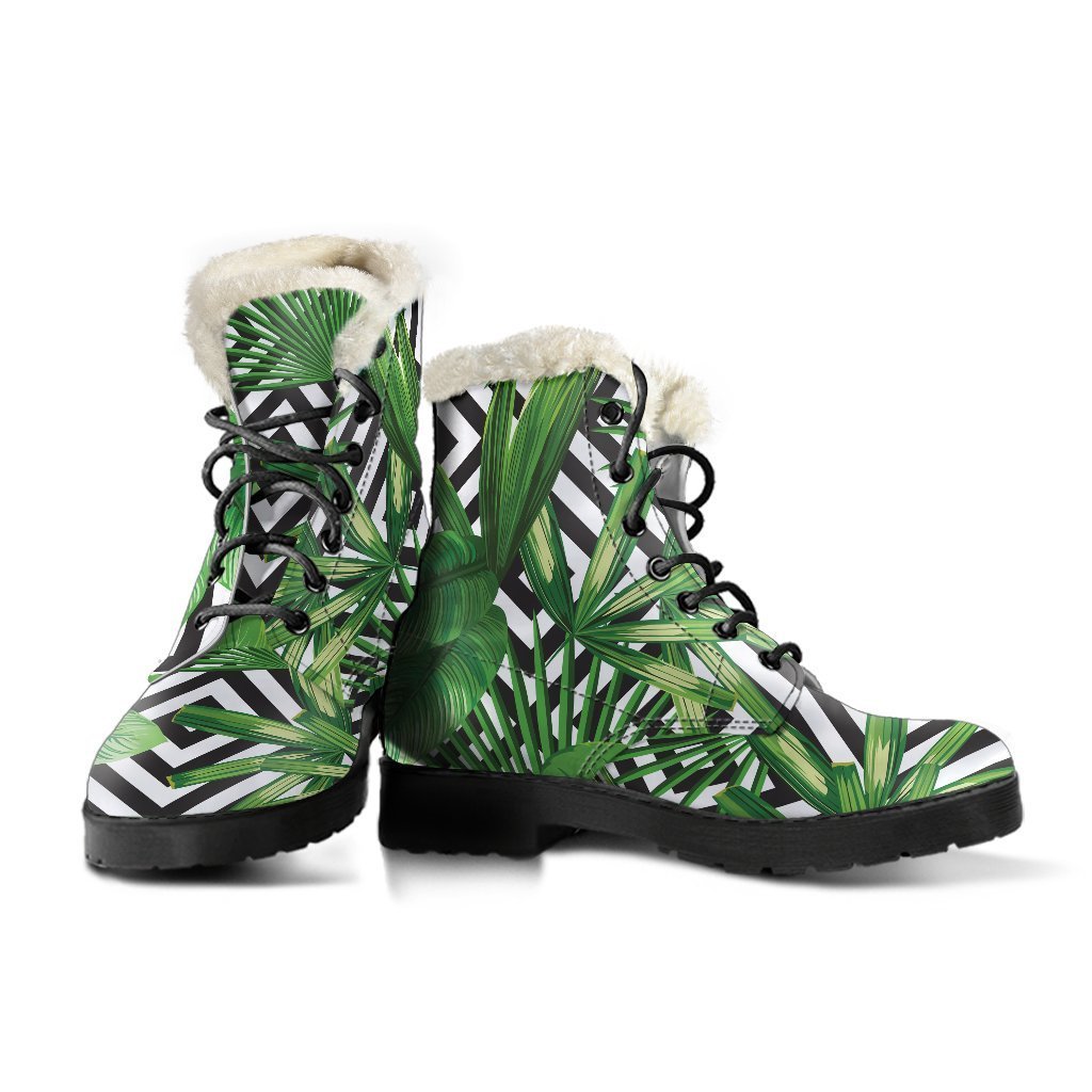 Groovy Vibes: Exotic Tropical Leaves Faux Fur Leather Boots for Hippies - 3