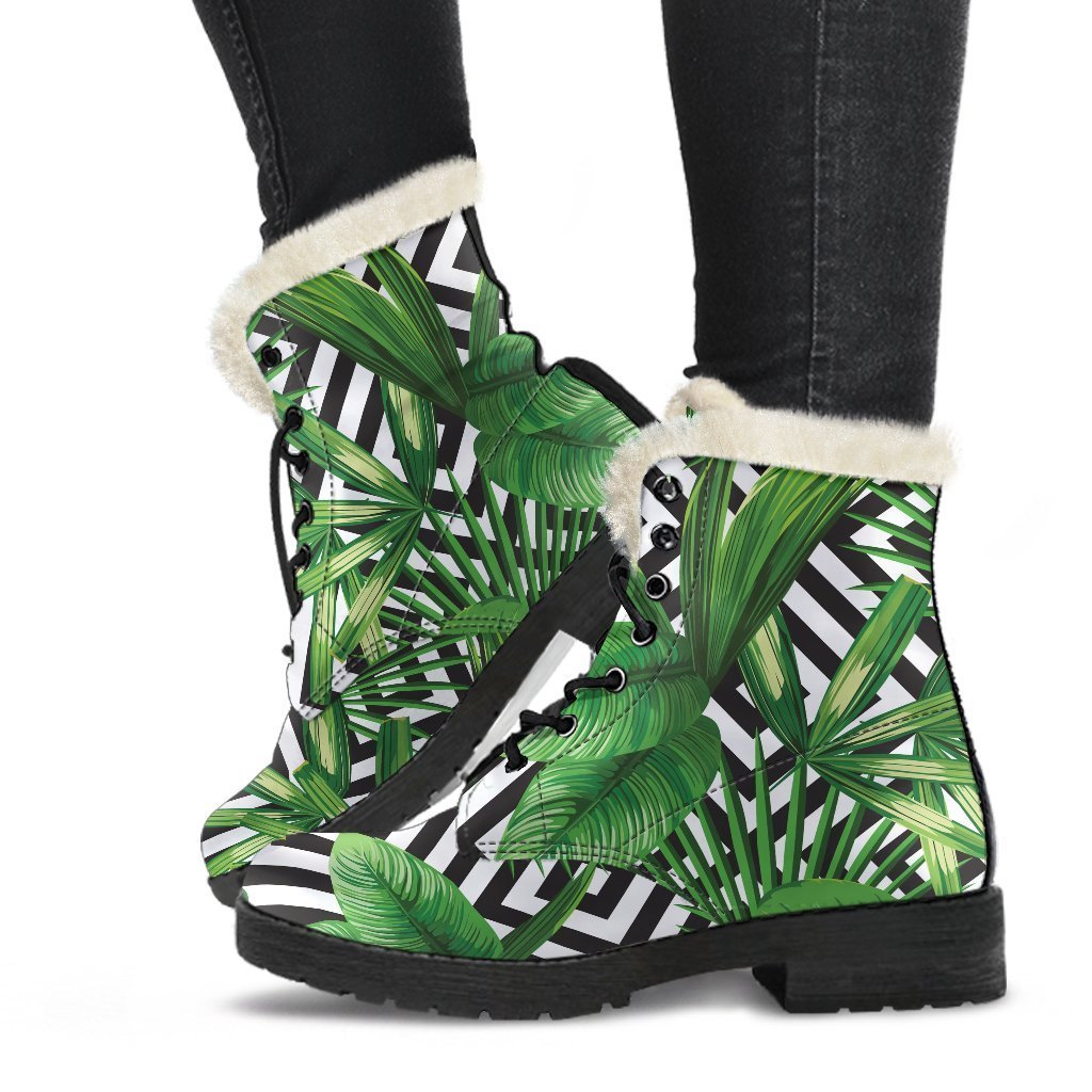 Groovy Vibes: Exotic Tropical Leaves Faux Fur Leather Boots for Hippies - 1