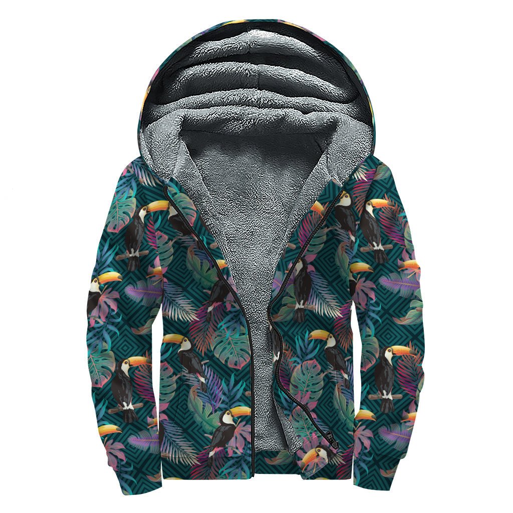 Exotic Tropical Toucan Pattern Sherpa Lined Zip Up Hoodie for Free-Spirited Hippies - 1