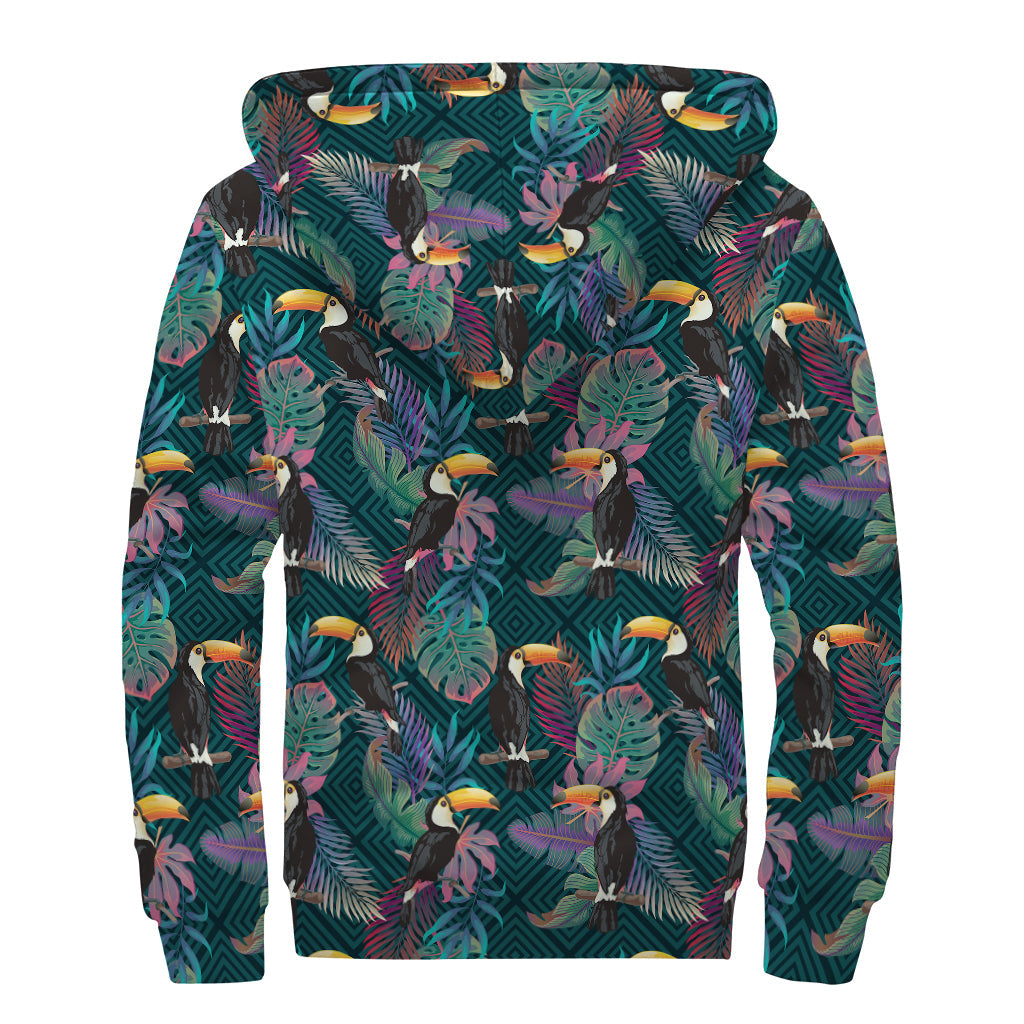 Exotic Tropical Toucan Pattern Sherpa Lined Zip Up Hoodie for Free-Spirited Hippies - 2